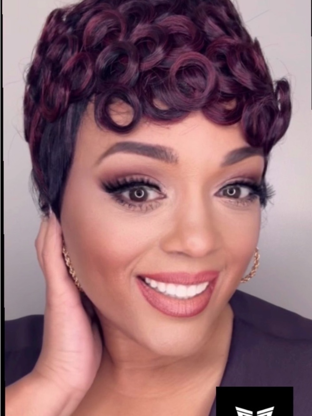Short Curly Pixie Wig in Burgundy with Black Base